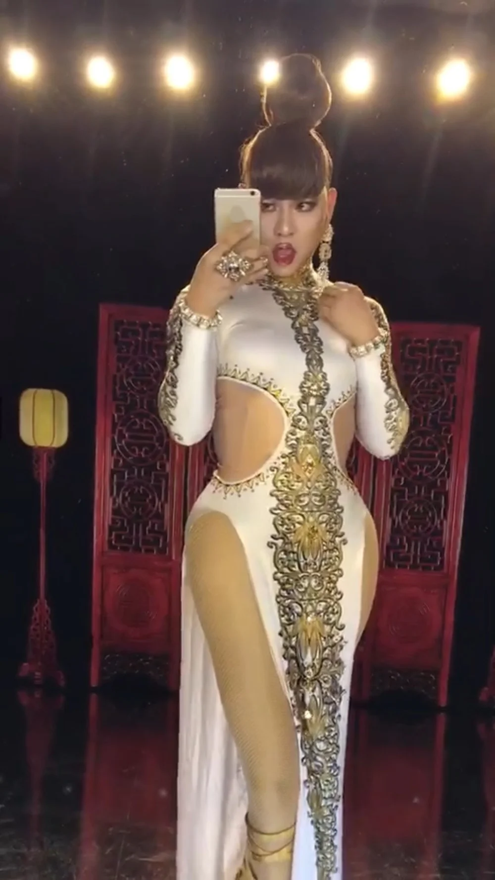 Китайский Cheongsam Стразы печатных сексуальные белое платье ночной клуб певица DS Пром праздновать Для женщин танец цельная одежда