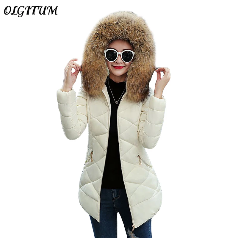 

New Winter Down Cotton Coat Luxury Brand Long Slim Jacket Women Thicken Warm Winter Outwear Big Fur Collar Hooded Casual Parkas