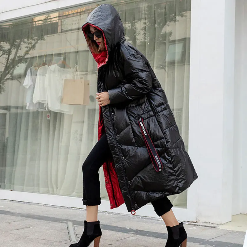 black Hooded Пуховик женский зимний Корейский с буквенным потоком пояс свободный глянцевый утиный пух Черное длинное плотное пальто Женская мода 476 - Цвет: black Hooded