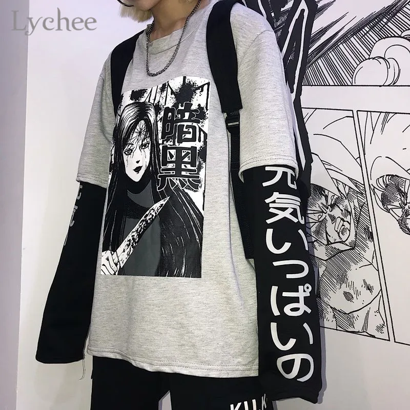 Женская футболка Lychee Harajuku с принтом японского темного аниме, 2 штуки, с круглым вырезом, с длинным рукавом, Повседневная Свободная Женская футболка, уличная одежда
