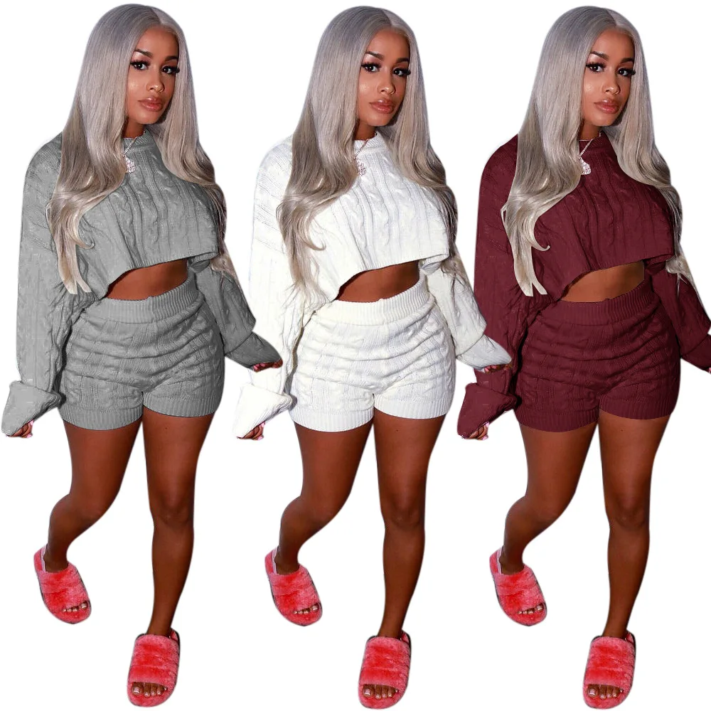 

Women Autumn Winter Knitted Sweater Two Piece Set O Neck Long Batwing Sleeve Crop Top Shorts Sexy Night Club Outfits Tracksuit