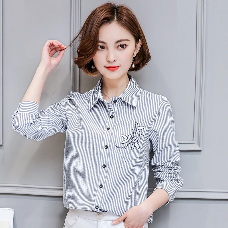 Женская блузка с длинным рукавом Повседневная белая рубашка в синюю полоску