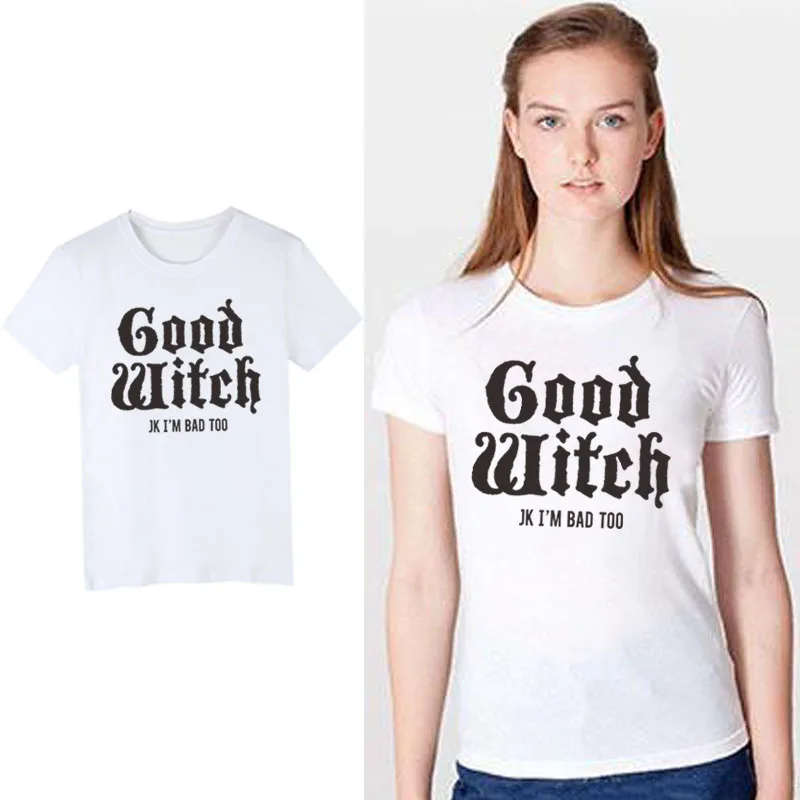 Lei-SAGLY, футболки для пары, топ с надписью «BAD WITCH GOOD WITCH», Женская Повседневная футболка, топы для Хэллоуина
