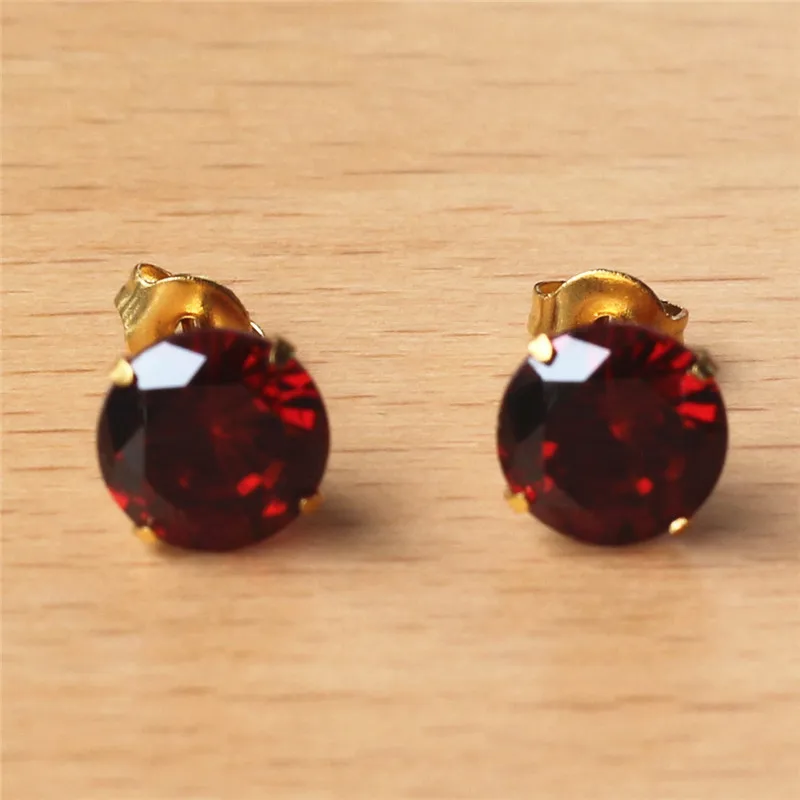 316 L Stainless Steel Gold-color Vacuum Plating With 8mm Round AAA Pomegranate Red Zircon Stud Earrings 201903011428