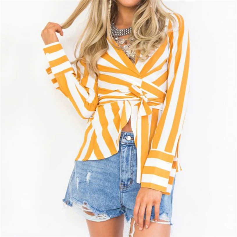 Для женщин в полоску с длинными рукавами camisetas mujer verano 2018 поясом Сексуальная V шеи