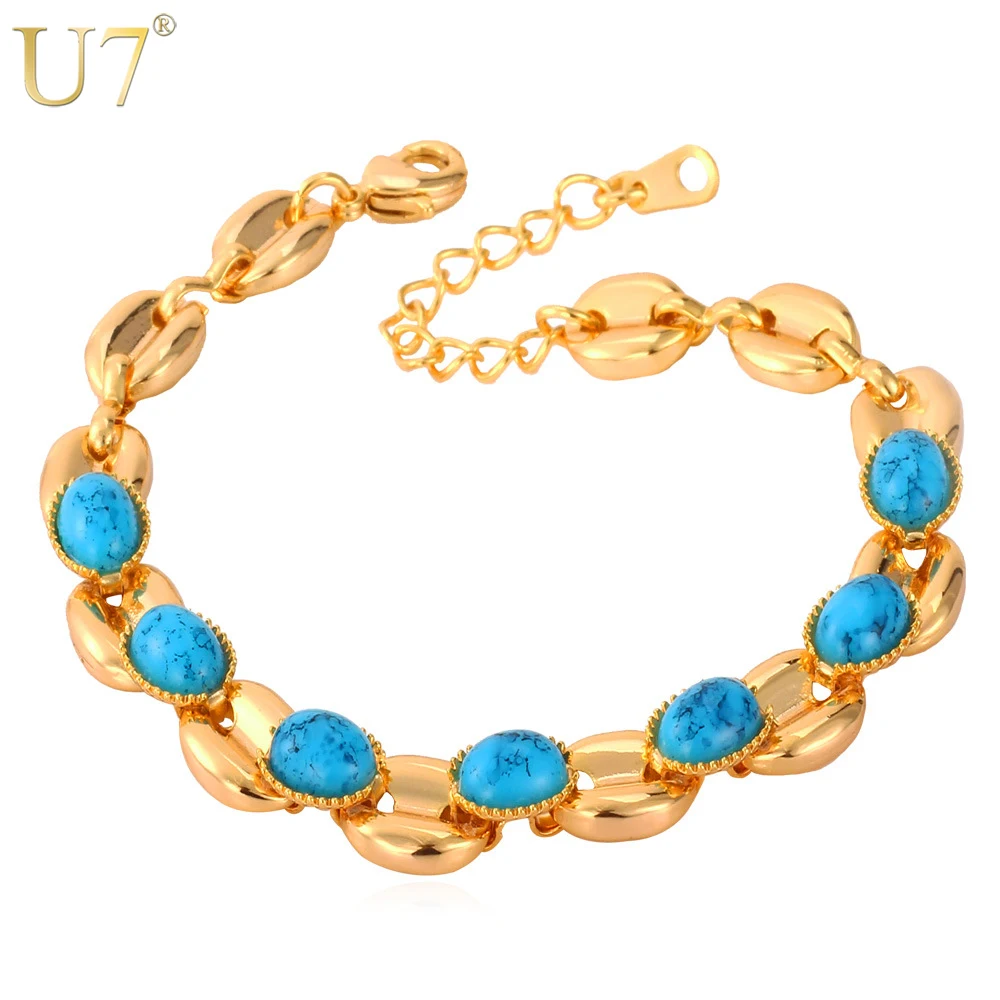 

U7 Blue Stone Bracelet Gold Color Turkey Stone Jewelry Wholesale Resizable Chain Bracelet For Women H613