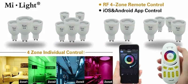 Wifi GU10 1,6 mi llion изменение цвета затемнения 2,4G Светодиодный точечный светильник 85-265 в 5 Вт Светодиодная лампа RGBW управление Iphone Ipad Android mi light