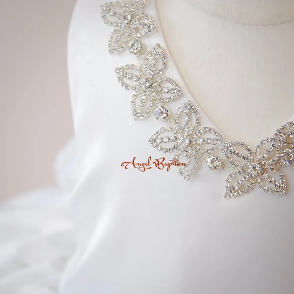 Gorgeous white/ivory flower girl dresses rhinestones V-neck satin toddler pageant infant 1 year birthday dress with long train | Детская