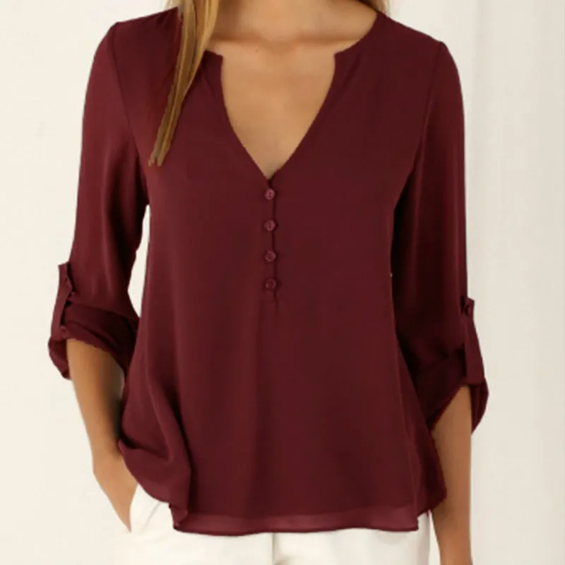 Весенняя Сексуальная однотонная блуза с v-образным вырезом больших размеров
