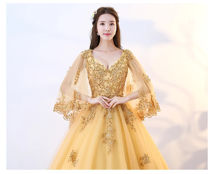 Quinceanera платье золотистого цвета кружевное Пышное фатиновое с аппликацией из