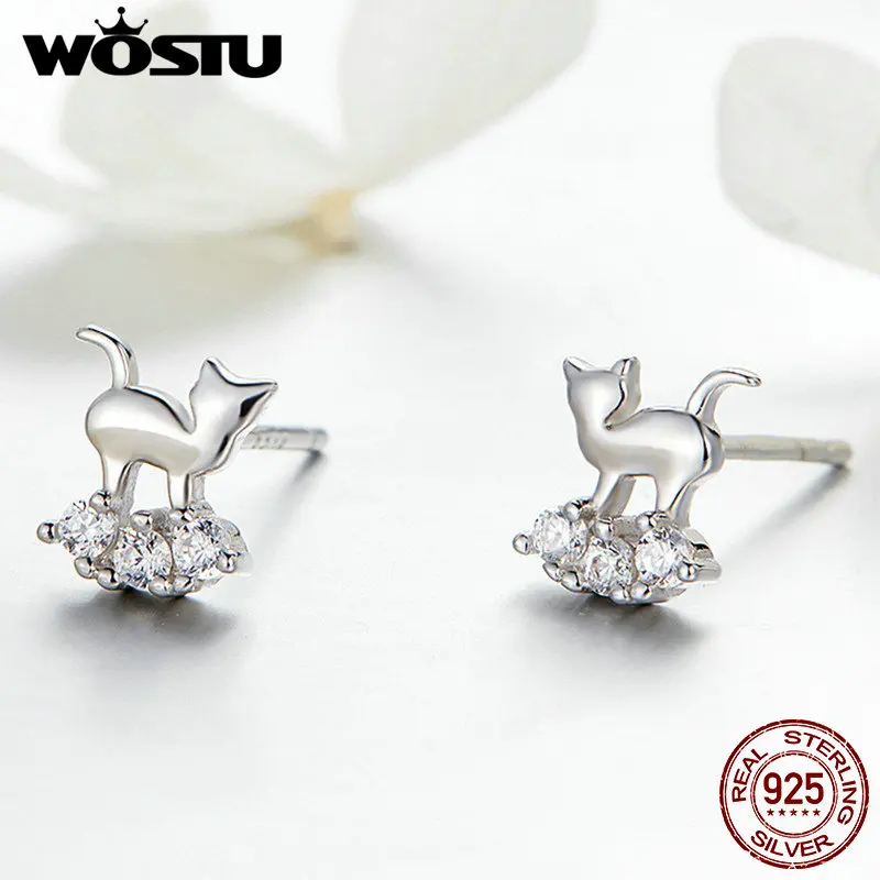 Женские серьги в виде кошек WOSTU из настоящего серебра 925 пробы с кристаллами