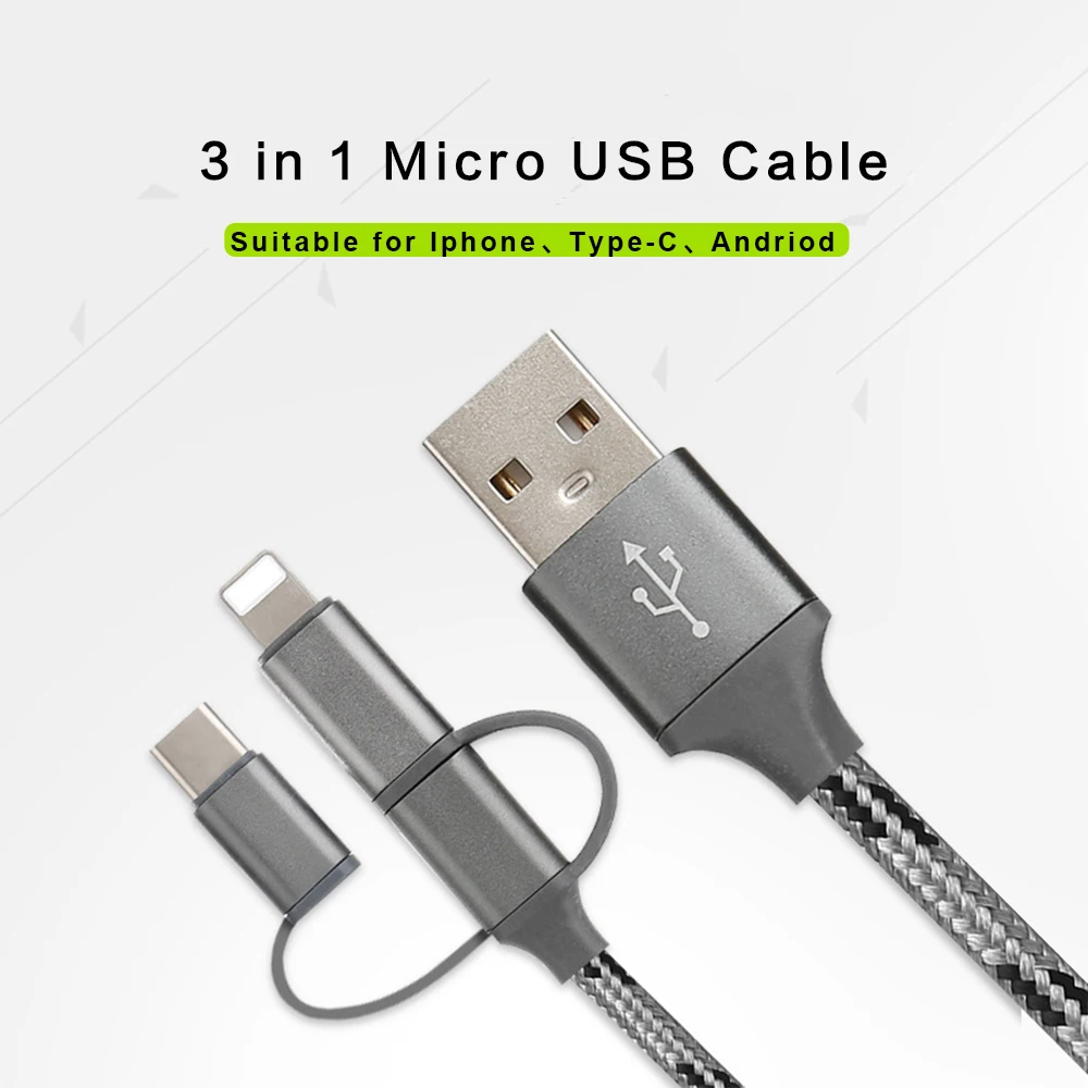 Дата кабель для телефона зарядный 100 см нейлоновый плетеный 3 в 1 Micro USB быстрое