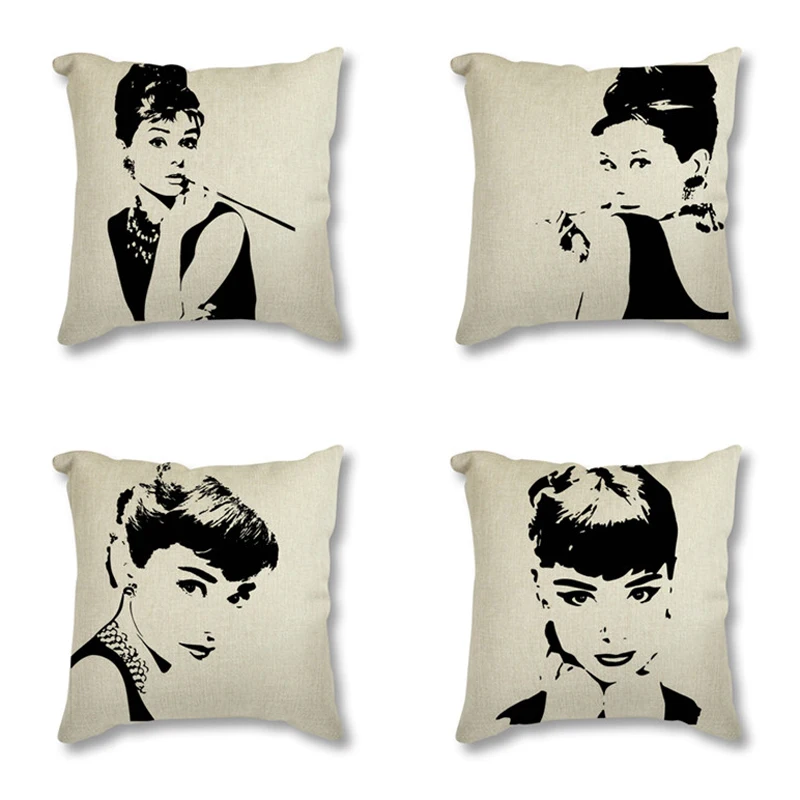 

Black Audrey Hepburn Poster Movie Star Picture Printed Seat Cushion Cover Sofa Decorative Pillowcase Throw Pillow Case 45x45cm