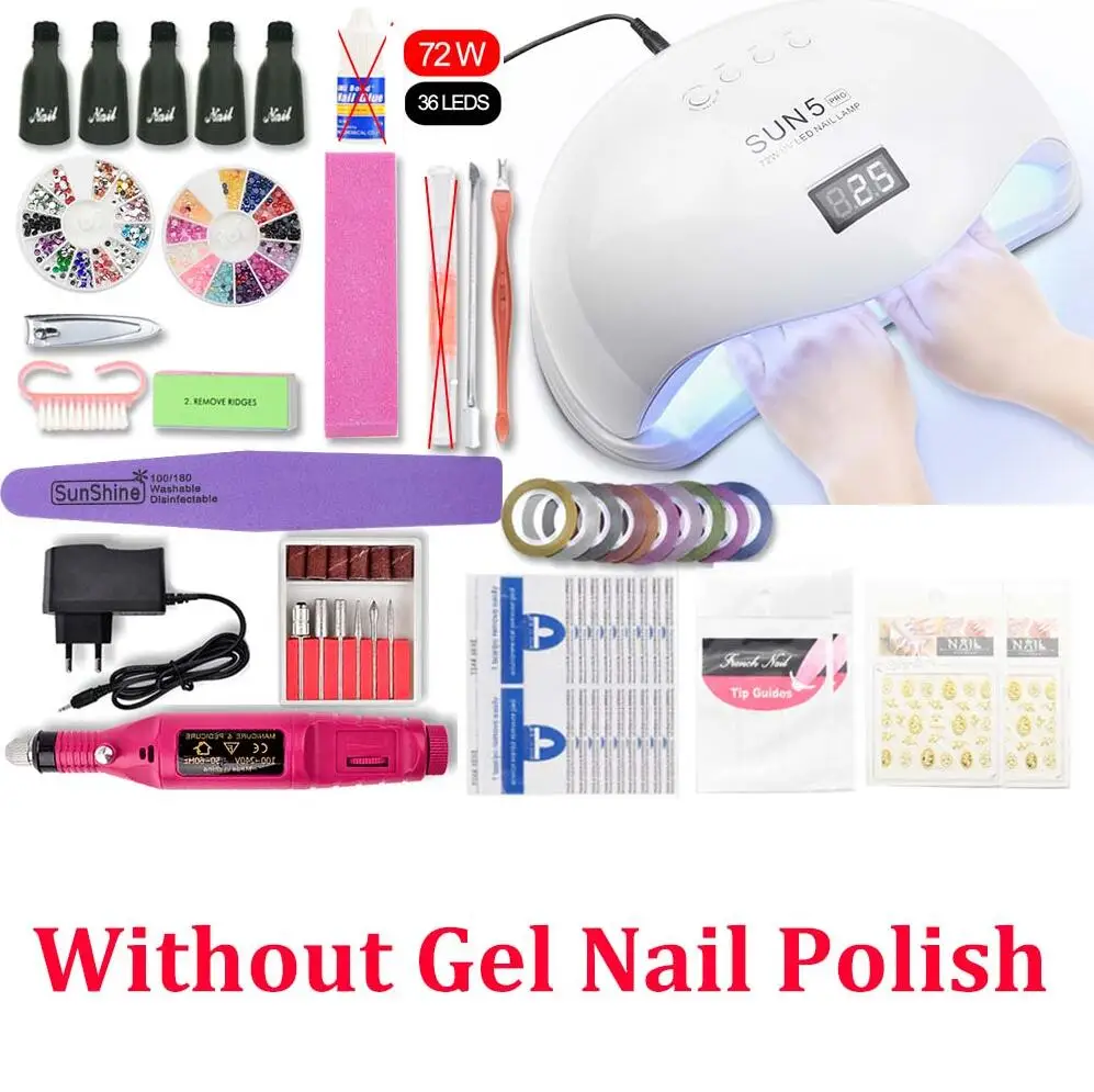 72W SET NO GEL Маникюрный набор, набор гель-лаков для ногтей, базовое верхнее покрытие, наборы для ногтей 36 Вт/54 Вт/72 Вт, УФ светодиодная лампа, набор для ногтей, электрическая дрель для маникюра, инструмент для дизайна ногтей - Цвет: 72W SET NO GEL