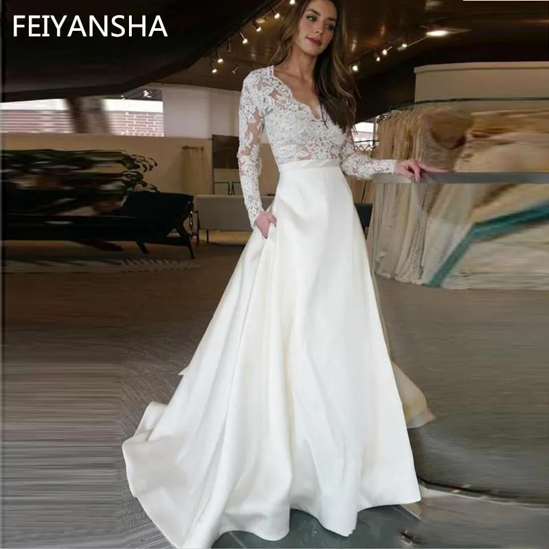 

Long Sleeve Wedding Dress V Neck A Line Appliques Lace Top Satin Skirt Wedding Gown with Pocket Custom Made Bride Dress