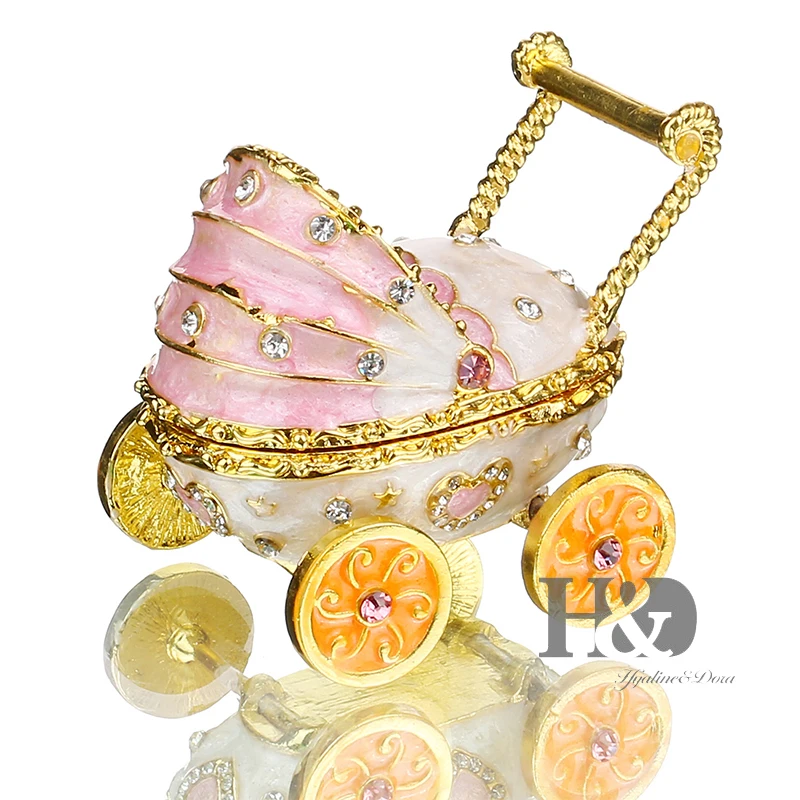 H & D 2.5 ''תינוק ורוד מרכבת עגלת תכשיטי תכשיט תיבת Bejeweled מזכרת תיבת דקור אמנות בעבודת יד אמייל דקורטיבי מתנה