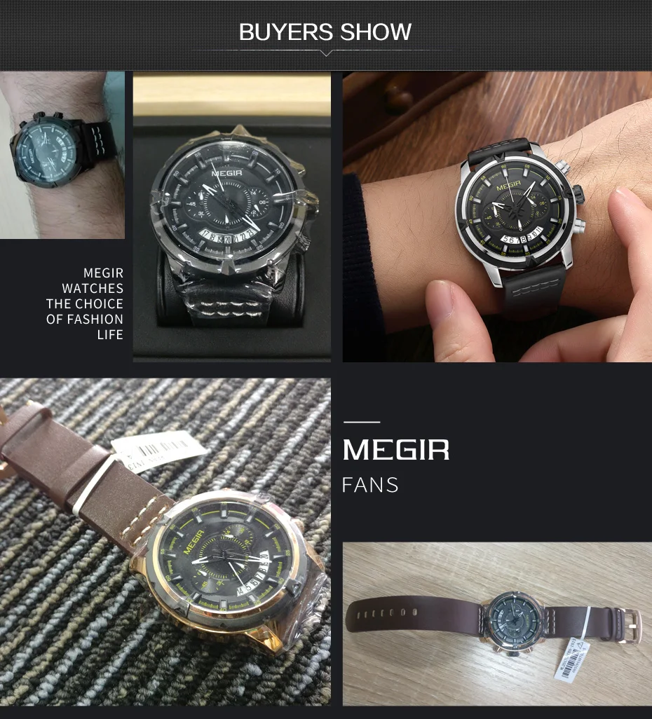 MEGIR спортивные мужские кварцевые часы, многофункциональные модные наручные часы с хронографом, мужские часы с кожаным ремешком 2047