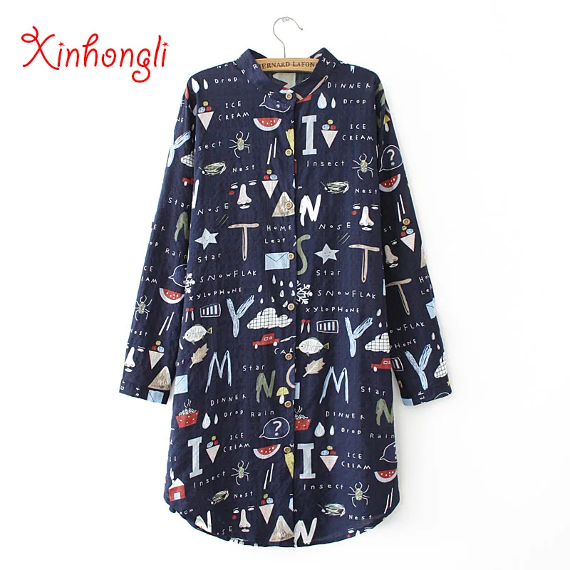 Блузка Женская Длинная с принтом хлопковая Свободная Повседневная рубашка в