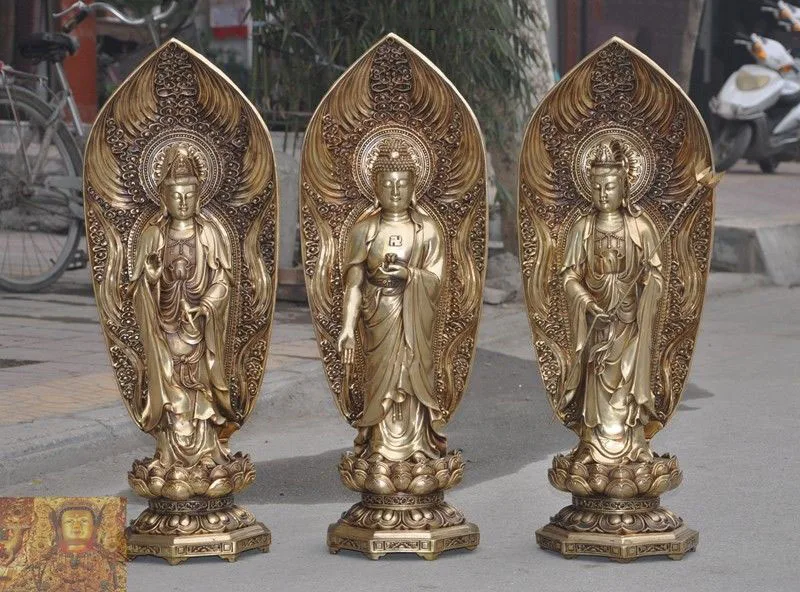 Рождество Тибет буддизм медный Shakyamuni Kwan Yin Гуаньинь 3 Бог Будда статуя Набор Новый