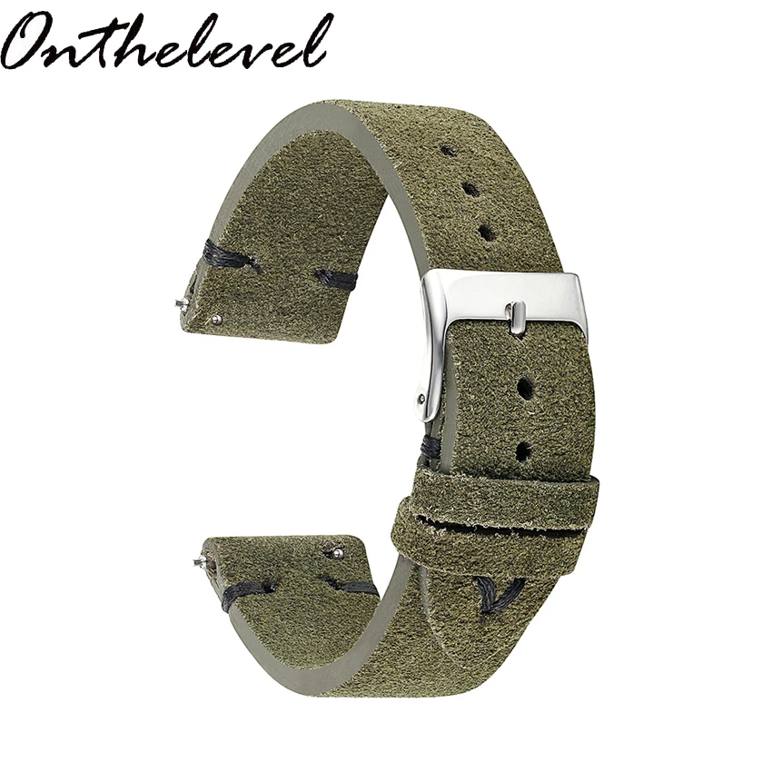 Onthelevel Genuine Leather Watch Band 18 20 22mm Dark Green with white black stitching Suede Leather Watch straps Quick release