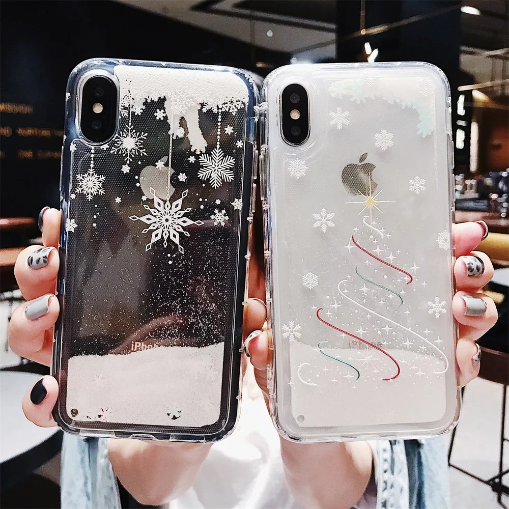 Белый Снежный Жидкий чехол для iPhone 7 8 Plus XS Max XR X милый Рождественский узор Прозрачный чехол для iPhone 6 6S Plus 10 TPU+ PC чехол