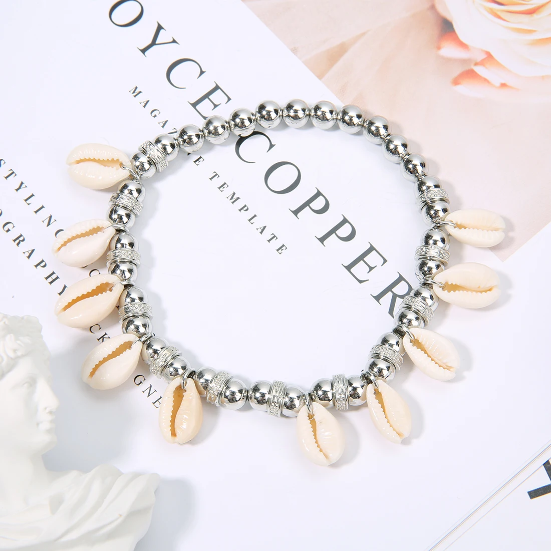 Женский винтажный браслет на щиколотку бисер серебряного цвета с подвеской и