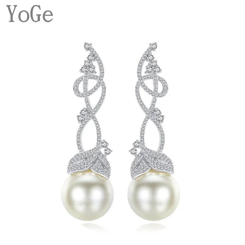 YoGe E5429 AAA CZ и имитация жемчуга лоза листья Длинные серьги гвоздики