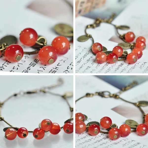 Hot Sale European Retro Fashion Red Sweet Cherry Pendant Bronze Metal Chain Beautiful Charm Bracelets Bangle for Women Jewelry | Украшения