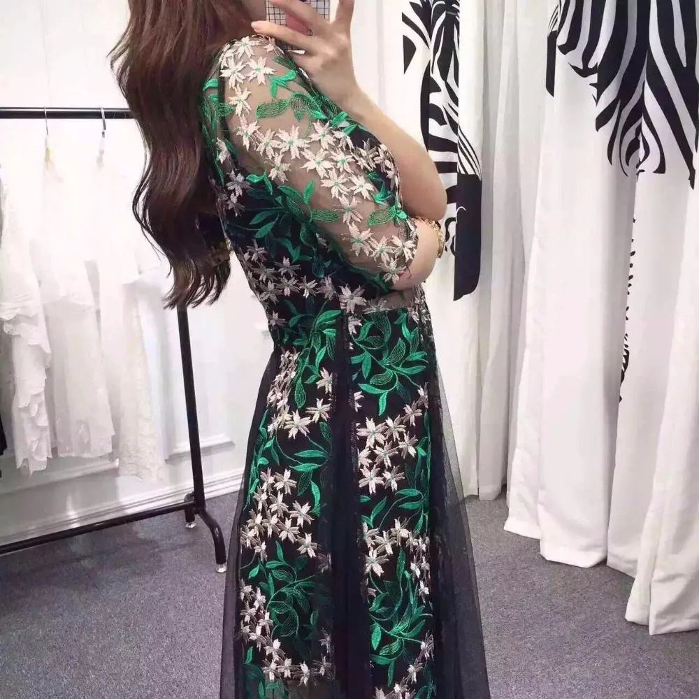Модные весенне зеленые летние платья для женщин ретро Цветочная вышивка милое
