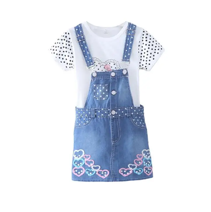 tops dress Комплект летней одежды для девочек-подростков, хлопковая Футболка с героями мультфильмов джинсовые лямки, комбинезоны, юбка, наряды ensemble fille 6, 8, 10, 12, 14 лет - Цвет: tops dress