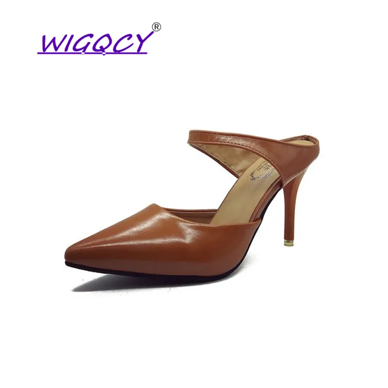 

Pointed Toe Soft Leather Thin Heels High heels sandals women 2019 summer shoes women British wind Shallow Slip-On female shoes