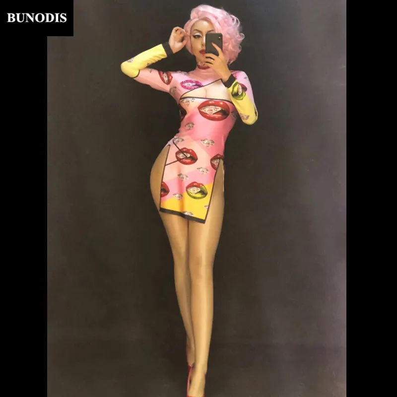 ZD331 Женская Сексуальная короткая юбка Cheongsam с 3D принтом губ и бриллиантами для