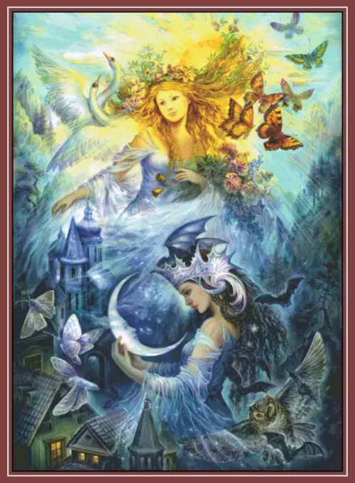 

Top Quality 14CT Counted Unprinted Cross Stitch Kits Set Needlework For Embroidery Decor Art Day and Night Scenery Animal Fairy