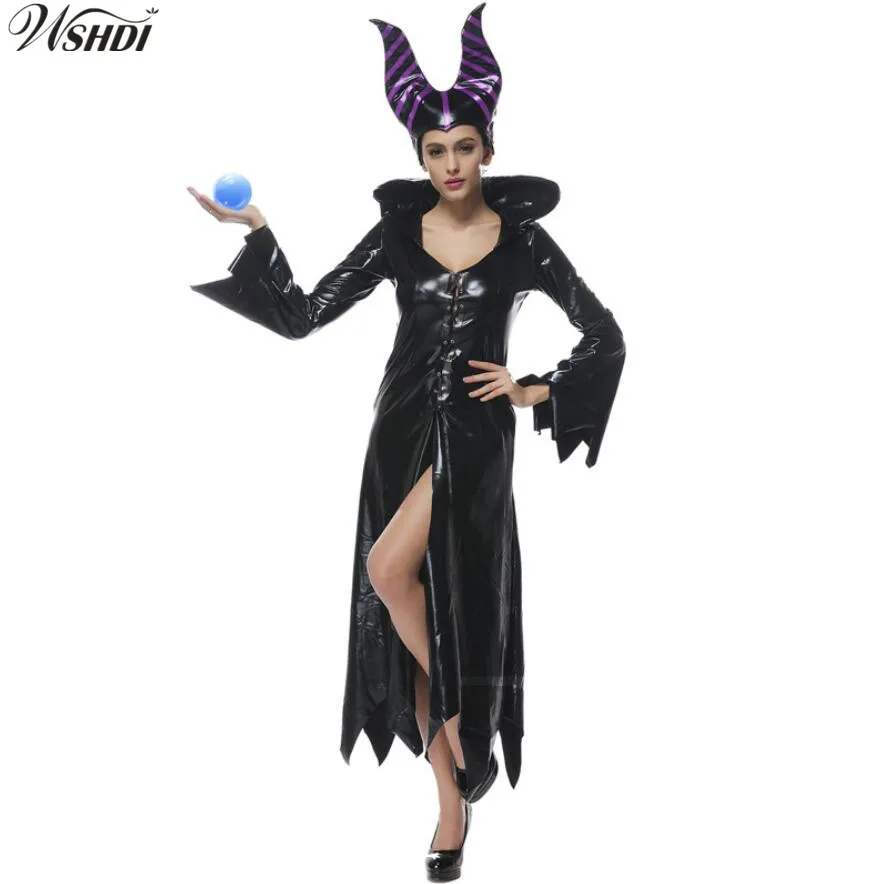 Взрослый Deluxe Maleficent крестины черный Халат Хэллоуин ведьма косплей маскарадный костюм Карнавальная одежда наряд