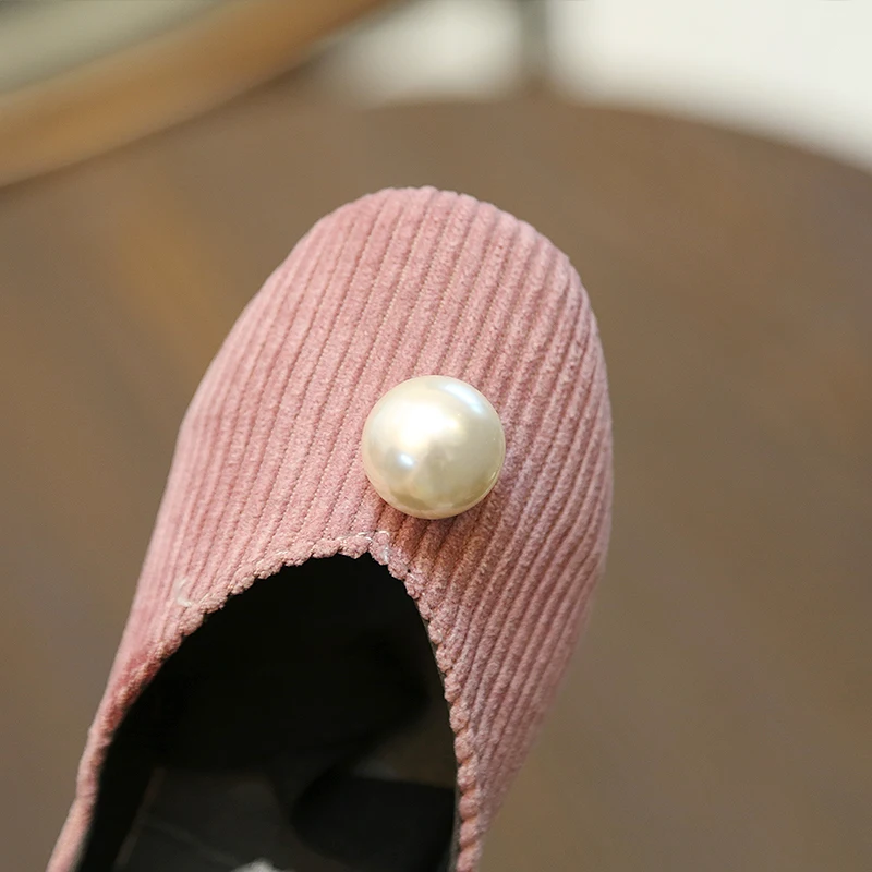 Mumoresip Girls Princess Shoes Flock Fabric With Pearl Soft Kids Flats Elastic Band Black Pink Beige Sweet 4-10 yr | Детская одежда и