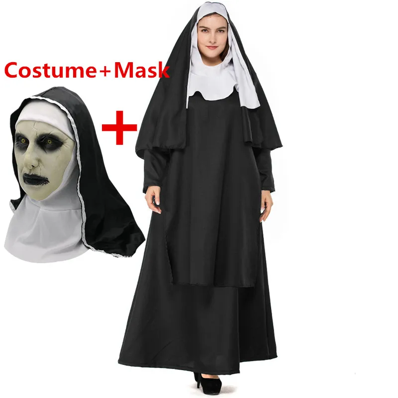 Costume and Mask Дева Мэри монашка маскарадные костюмы Маска для взрослых длинные черные страшные монахини призрак одежда Униформа страшные маски для вечеринки в честь празднования Хеллоуина латексные реквизиты - Цвет: Costume and Mask