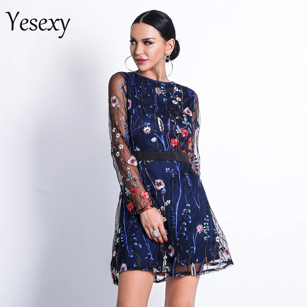 Женское кружевное платье Yesexy Осеннее Прозрачное с круглым вырезом и длинным