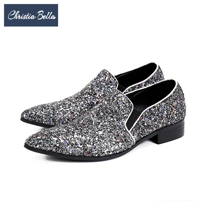 Модные Серебристые мужские туфли с блестками итальянские кожаные острым носком