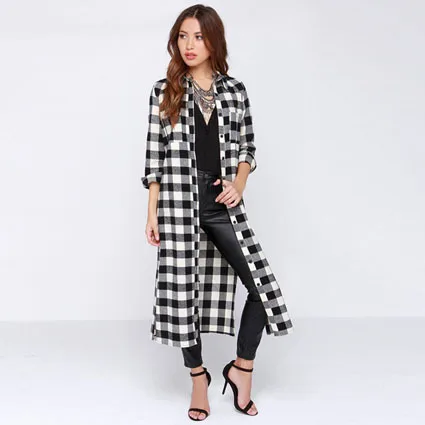 Black White Plaid Ветровка Женская Тренч в стиле панк длинная клетчатая рубашка тонкий модный Тренч Пальто повседневные жилеты Макси женские casaco NC-726 - Цвет: Black White Plaid