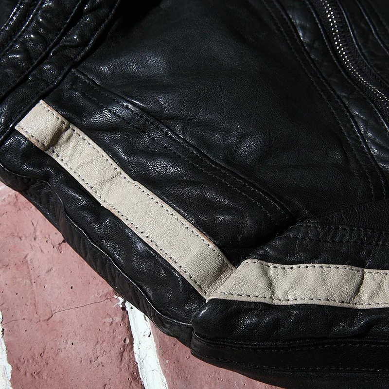 Motorcycle leather men's thin jacket Slim Korean version of vegetable tanned sheep handsome | Мужская одежда