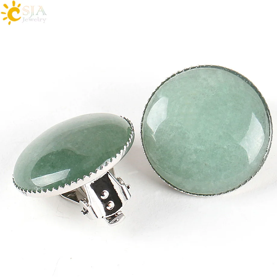 Green Aventurine CSJA для женщин девушек летние ювелирные изделия круглый натуральный камень зажим в форме шарика на серьги для не прокалывать отверстие уши E167 - Окраска металла: Green Aventurine