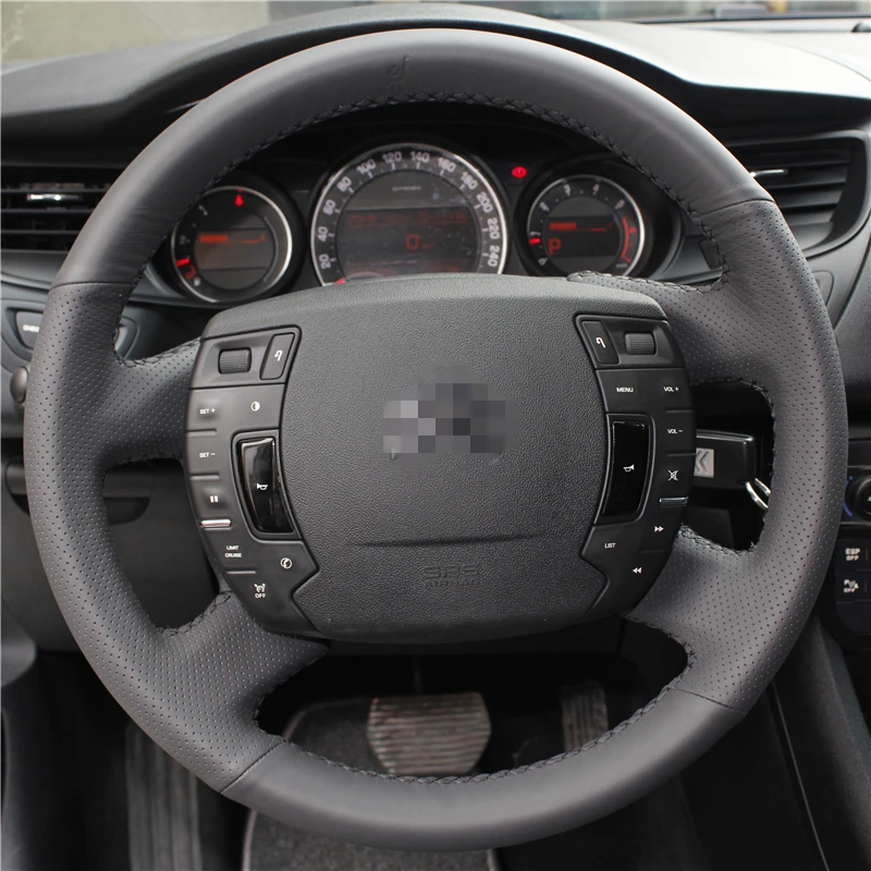 Чехол рулевого колеса из блестящей черной кожи с ручной строчкой для Citroen C5|leather