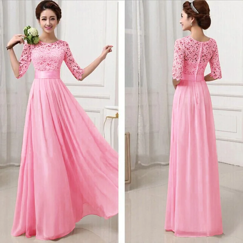 Rosy chiffon dress SEBOWEL элегантные шифоновые кружевные плиссированные Длинные вечерние платья для женщин; Большие размеры кружевное платье длиной до пола Длина; наряд для подружки невесты; платья-Макси Вечерние платья - Цвет: Rosy chiffon dress