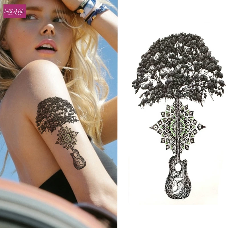 1PcsThe Tree Of Life Music  Large Flower Henna Temporary Tattoo Black Mehndi Style Waterproof Tattoo Sticker