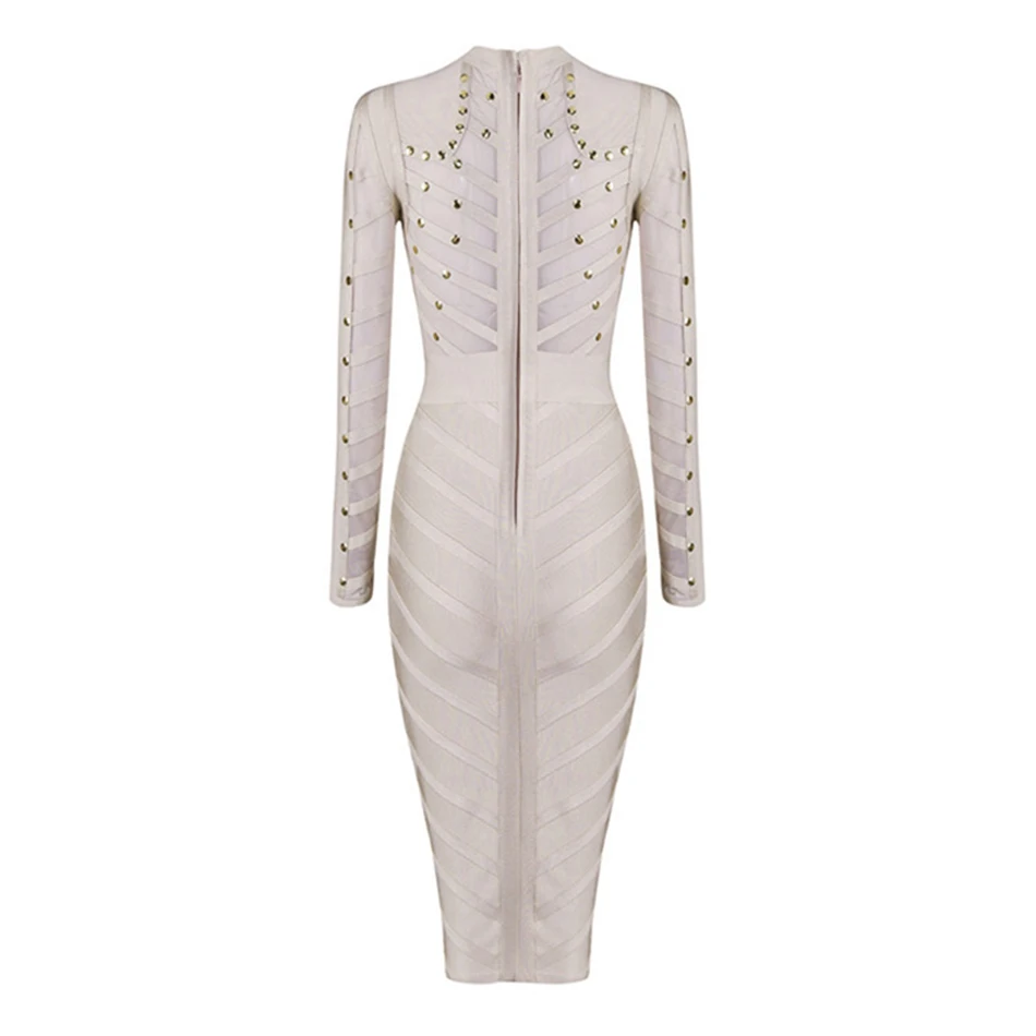 New Winter Celebrity Party Bandage Dress Women Knee Length Bodycon Dresses Sexy Mesh Long Sleeve Beaded Dresses