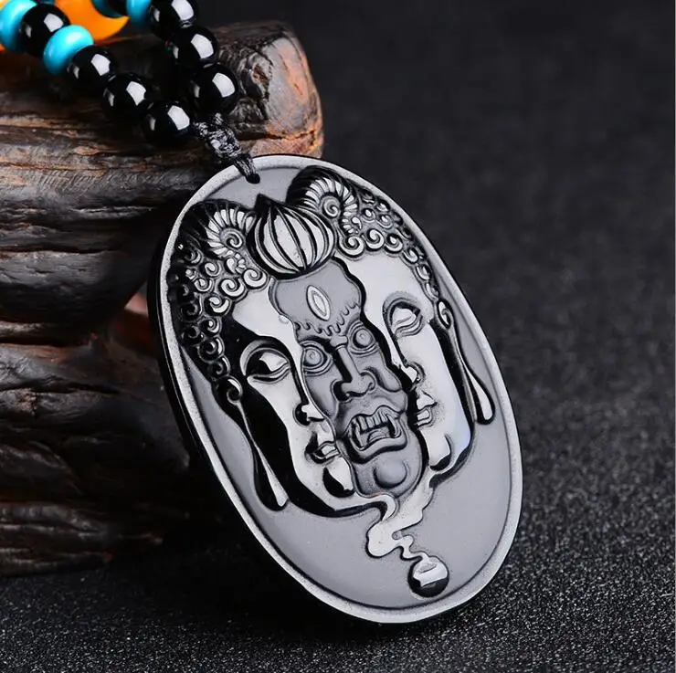 57x40mm Beautiful Natural Black Obsidian Carved Buddhism Amulet Lucky Pendant + Beads Necklace Fashion Crystal Jewelry |