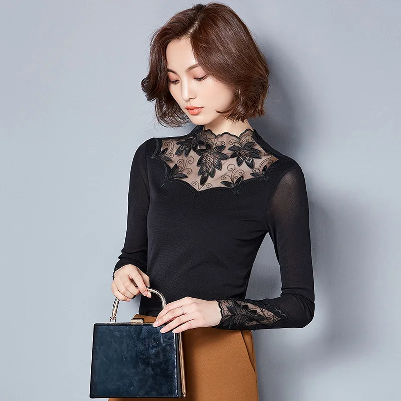 Женская блузка для бальных танцев с длинным рукавом кружевной воротник верхняя