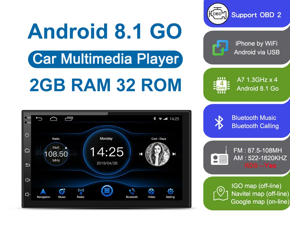 2G+ 32G Универсальный 2Din Android 8,1 автомобильный радиоприемник RDS для универсального gps 1024x600 Wifi BT FM AM Mirror Link головное устройство " Мультимедиа ISO