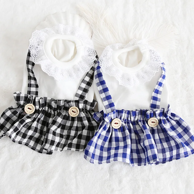 Модная клетчатая летняя одежда для собак Хлопковое платье с кружевным