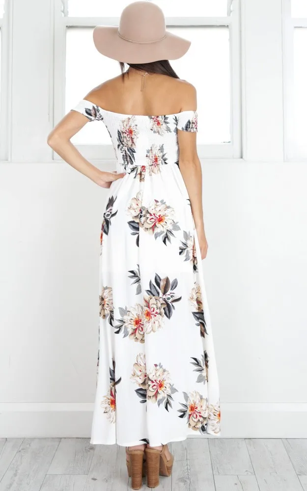 Женское шифоновое платье с открытыми плечами длинное винтажное белое цветочным